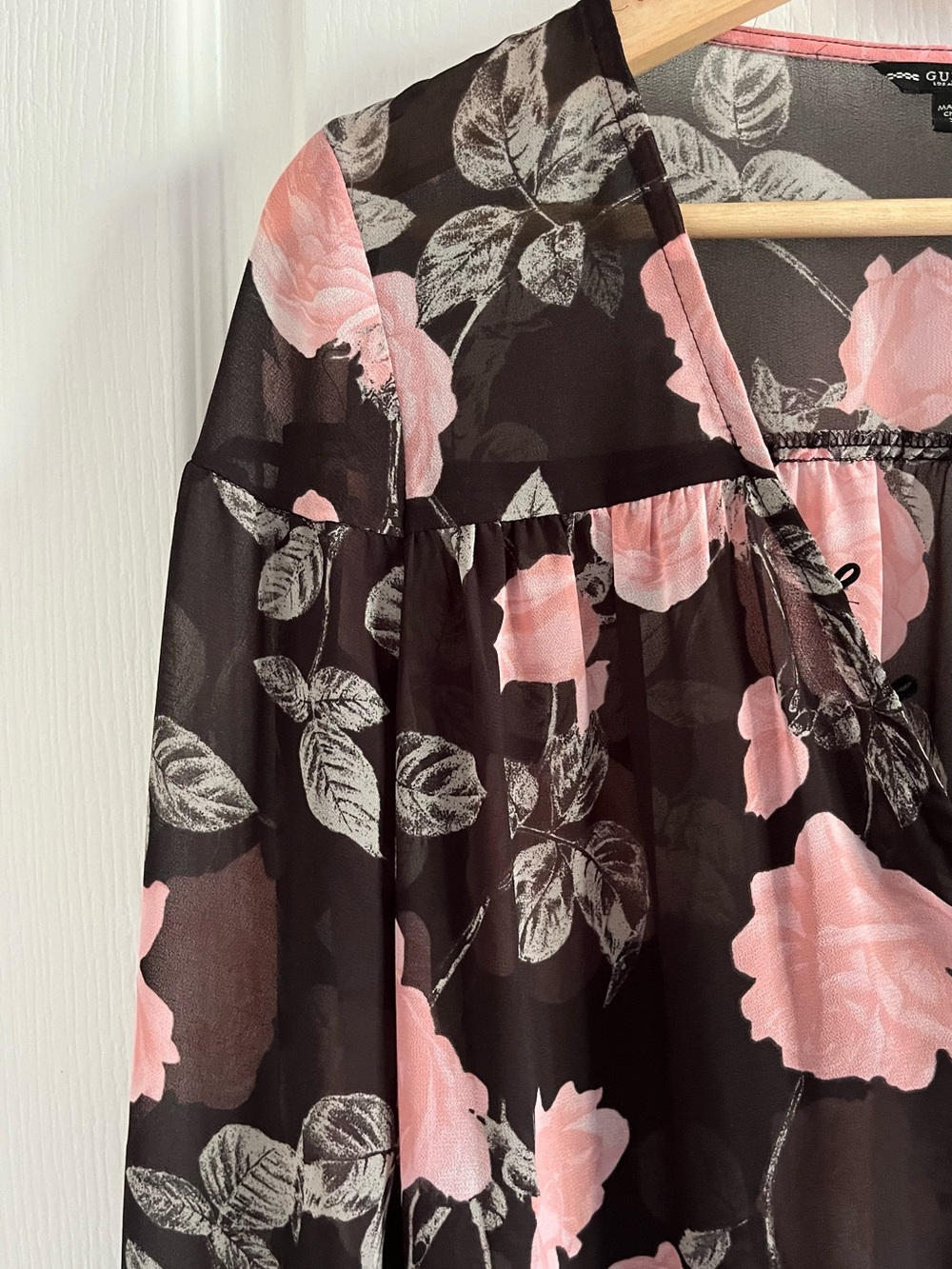 Guess Black Sheer Blouse with Pink Floral Print XS - Picture 9 of 13